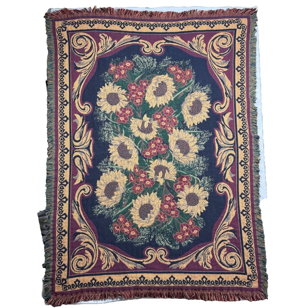 Vintage Goodwin Weavers Throw Blanket 45X65 USA Tuscan Sunflower Fringe Tapestry